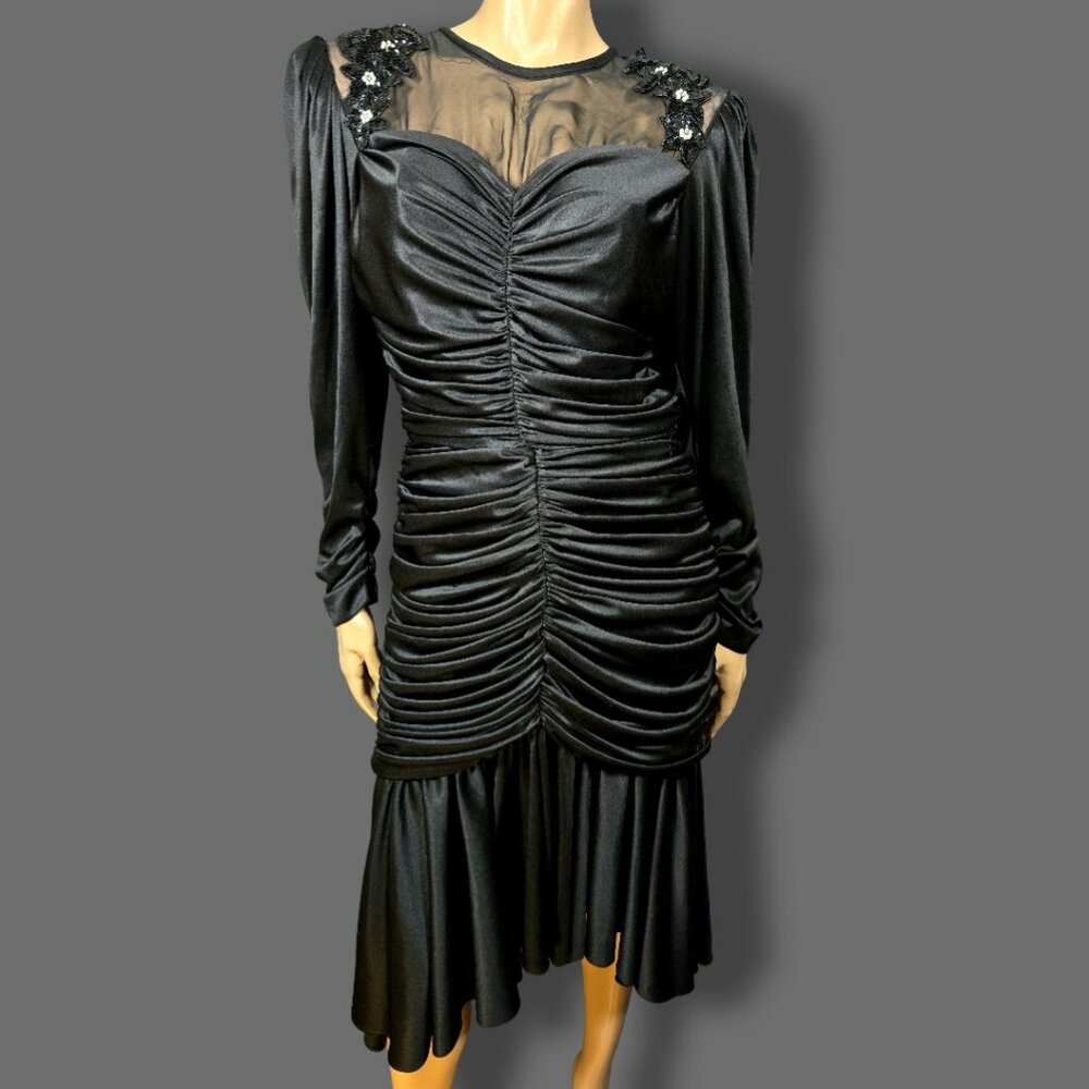 Vintage 80s Black Midi Dress Size S Gothic Witchy Ruched Sequined Mermaid Hem
